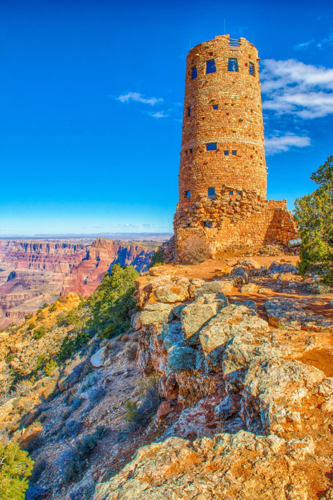 An exterior view of the Watchtower located near the Desert View Visors Center on the South Rim of the Grand Canyon in Arizona.