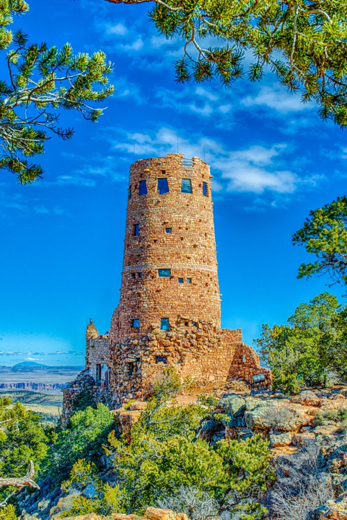 An exterior view of the Watchtower located near the Desert View Visors Center on the South Rim of the Grand Canyon in Arizona.