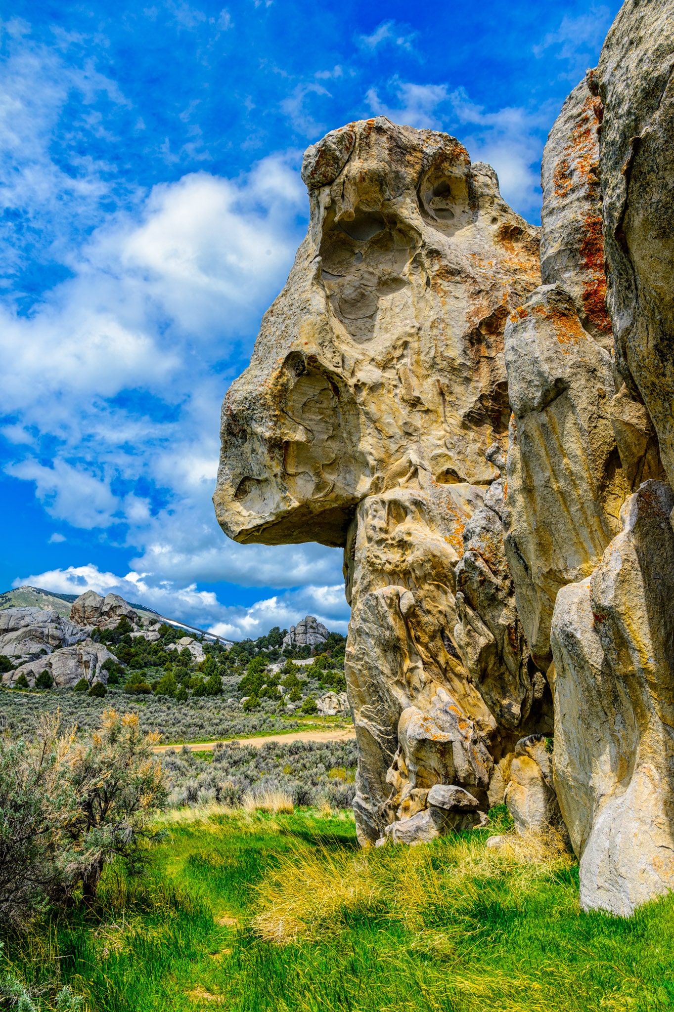 Emigrant Rock,or Camp Rock, in City of Rocks National Reserve, has the names of many emigrants who passed through in wagon trains on their way to California.