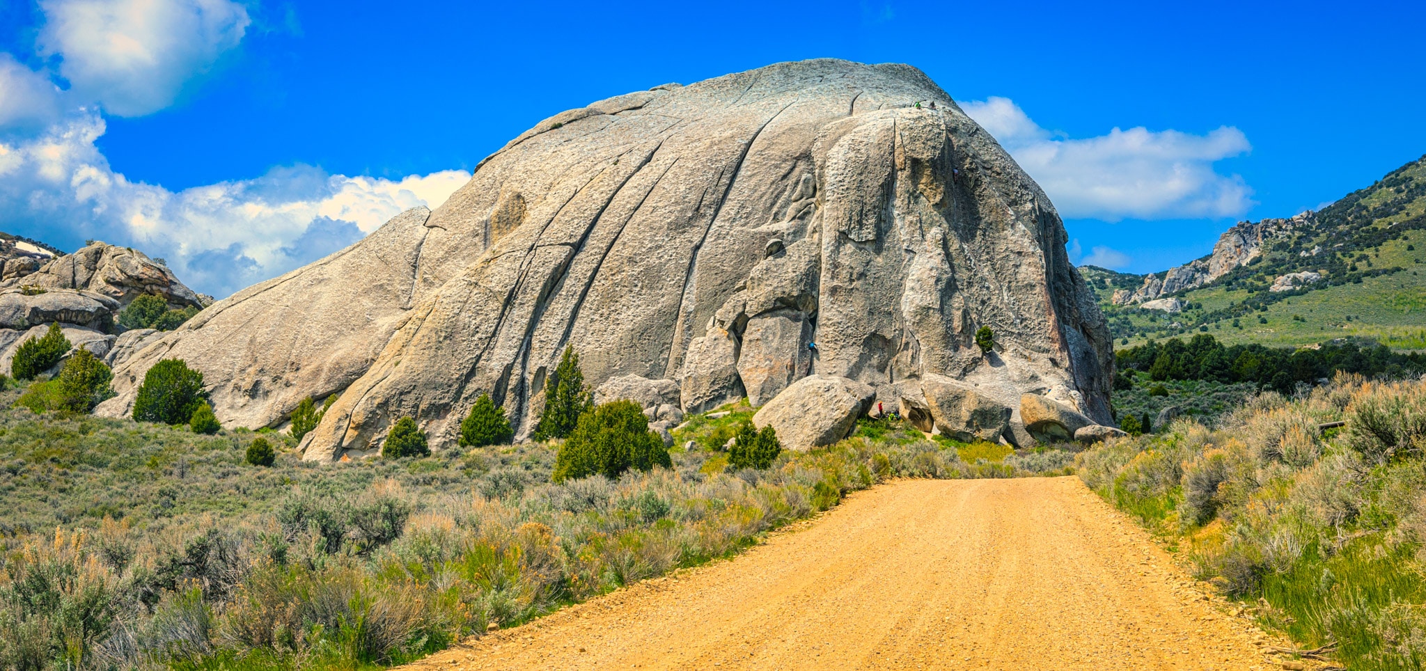 A granite rock formation that looks like a loaf of slices bread is a favorite destination for climbers in City of Rocks National Reserve in Idaho.