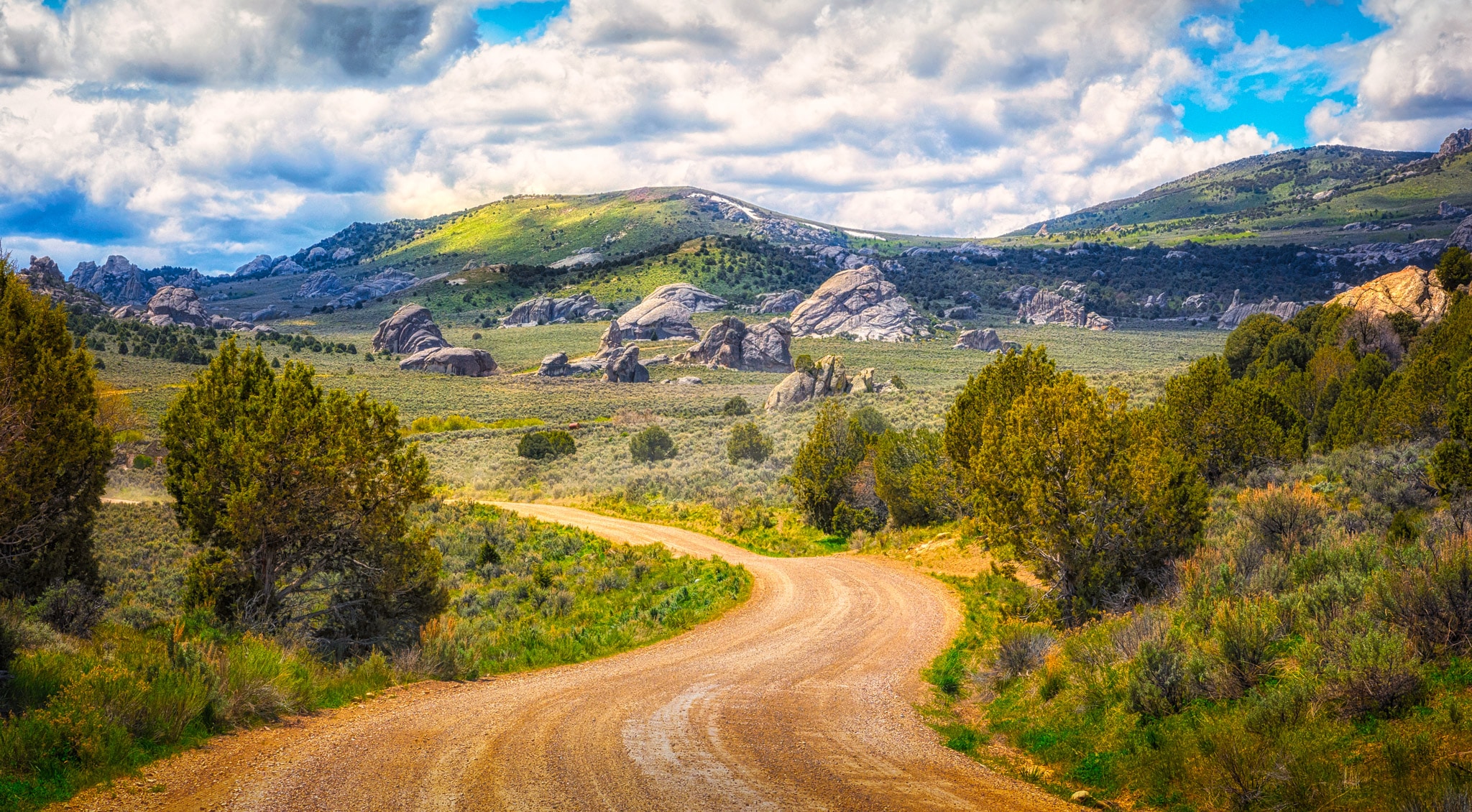 A dirt road winds through City of Rocks National Reserve, near Almo, Idaho.