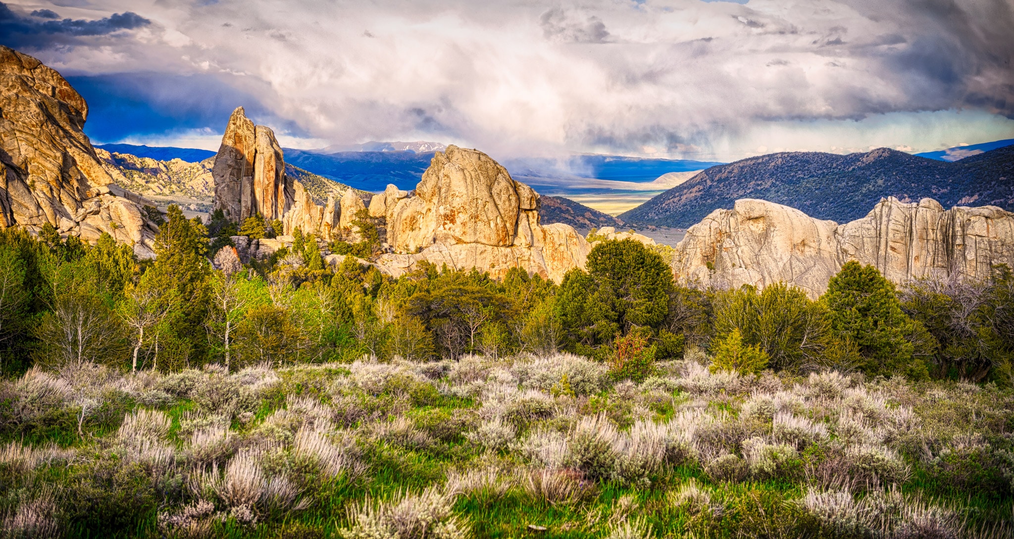 Snow clouds retreat from City of Rocks National Reserve at sunset, near Almo, Idaho.
