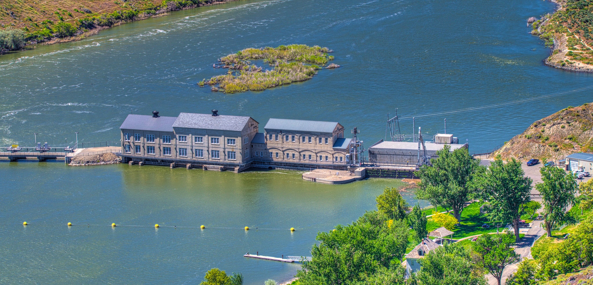 A panoramic view of the Swan Falls power station on the Snake River in the Morley Nelson Snake River Birds of Prey National Conservation Area south of Boise, Idaho.