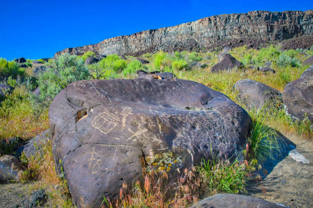 A view of petroglyphs carved on a basalt boulder in Celebration Park near Melba. Celebration Park is Idaho's only archaeological park and some of it petroglyphs are believed to be over 12,000 years old.