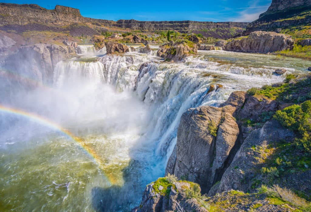 Shoshone Falls is sometimes called the "Niagara of the West." On sunny days in the late spring, you will often see a single and sometimes double rainbow. It is located in the Snake River Canyon about 3 miles north of downtown Twin Falls, Idaho.