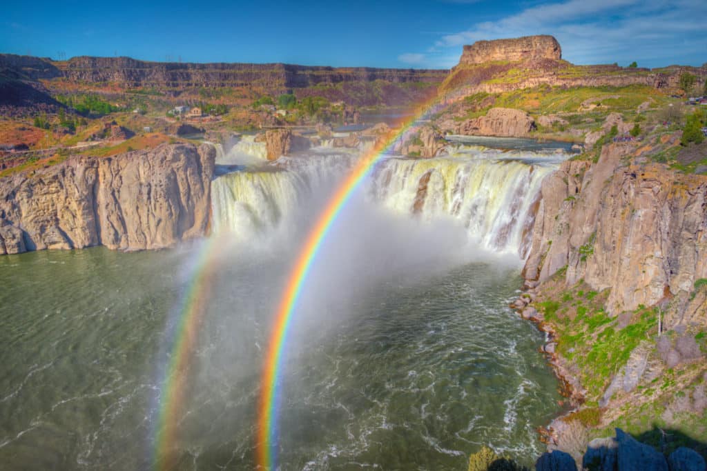 Shoshone Falls is sometimes called the "Niagara of the West." On sunny days in the late spring, you will often see a single and sometimes double rainbow. It is located in the Snake River Canyon about 3 miles north of downtown Twin Falls, Idaho.