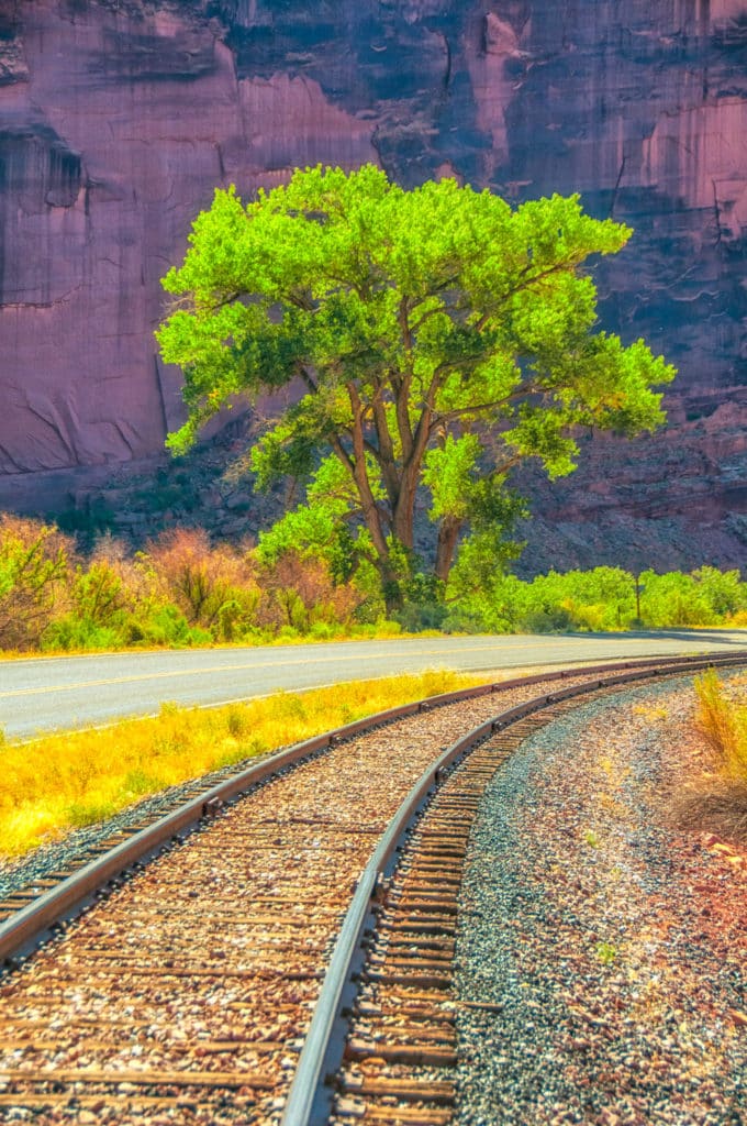 Red Rock Canyon, Cottonwood, and Railroad Tracks along Utah 279, southwest of Moab.