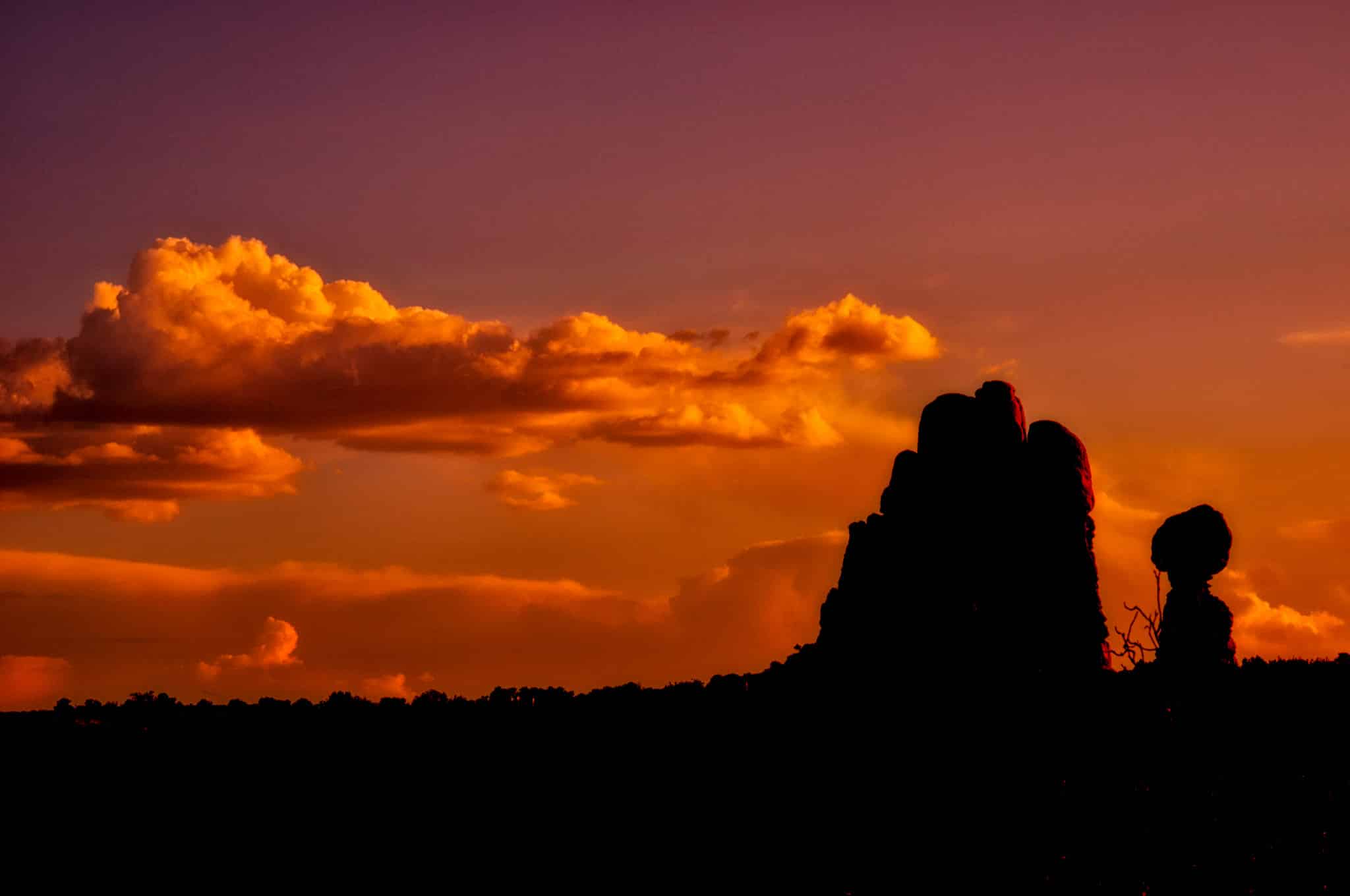 Balanced Rock at sunset in Arches National Park near Moab, Utah.