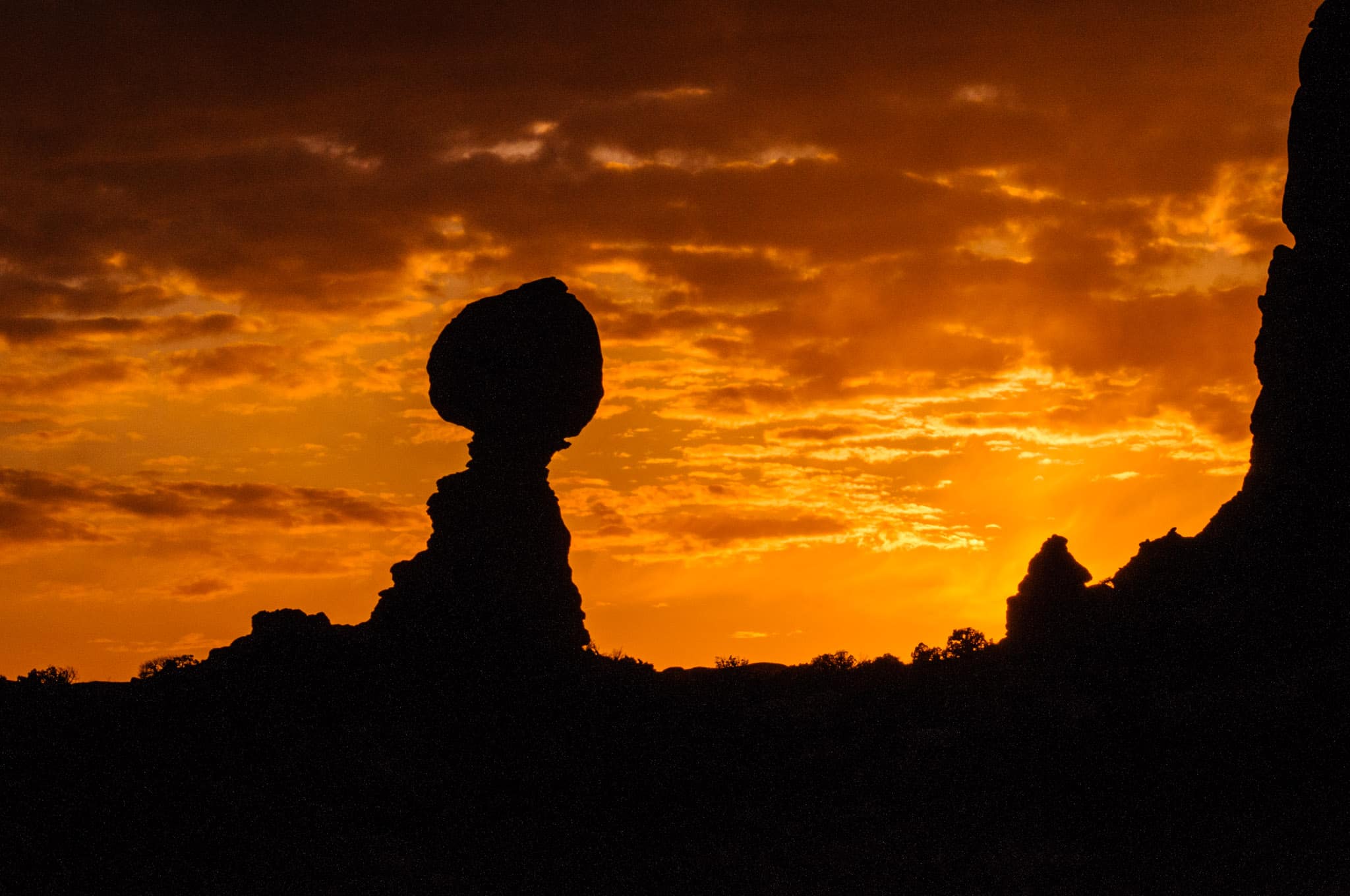 Balanced Rock at sunset in Arches National Park.