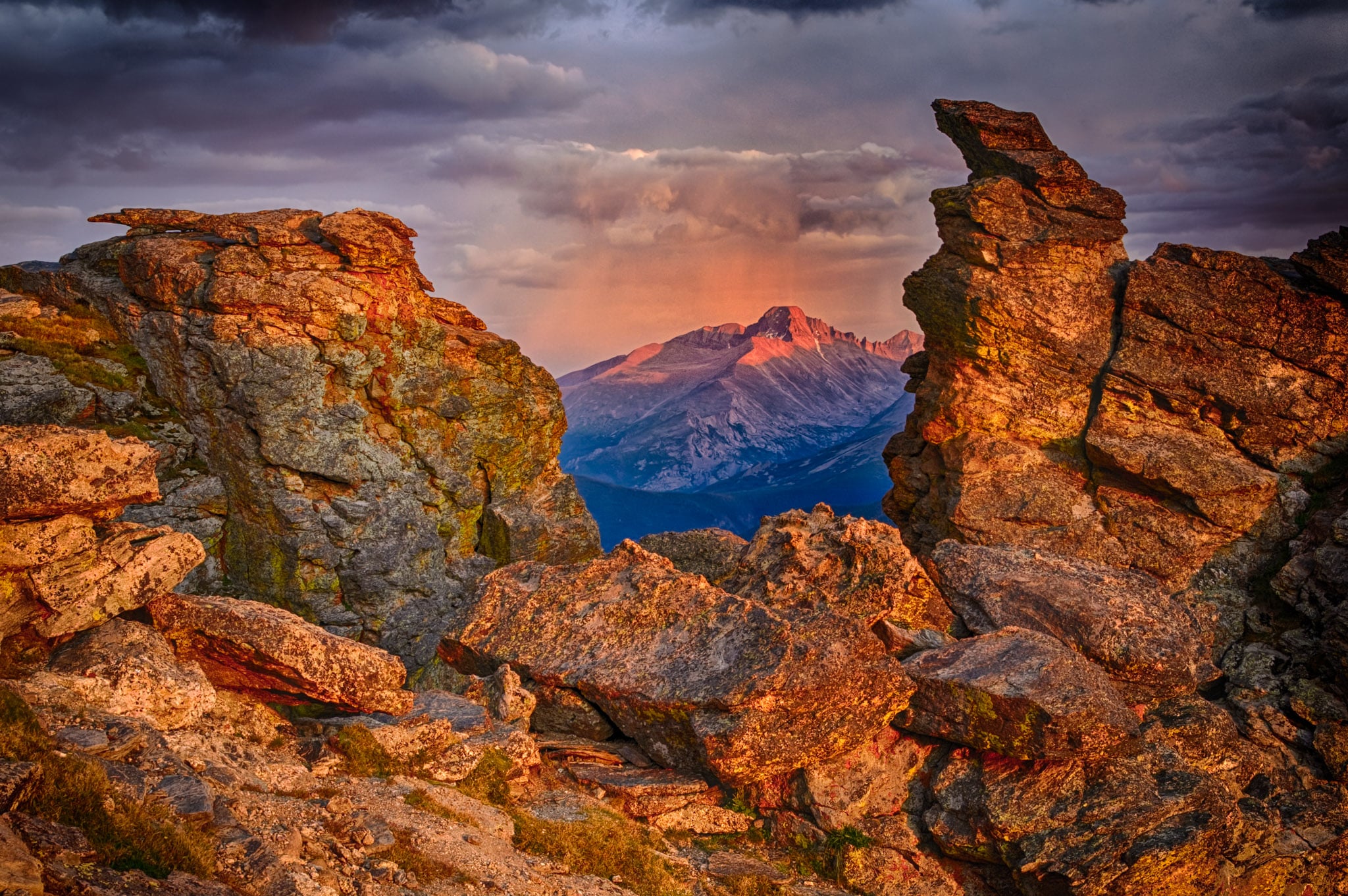 Sunset on Longs Peak as seen through the notch at Rock Cut on the Trail Ridge Road in Rocky Mountain National Park.