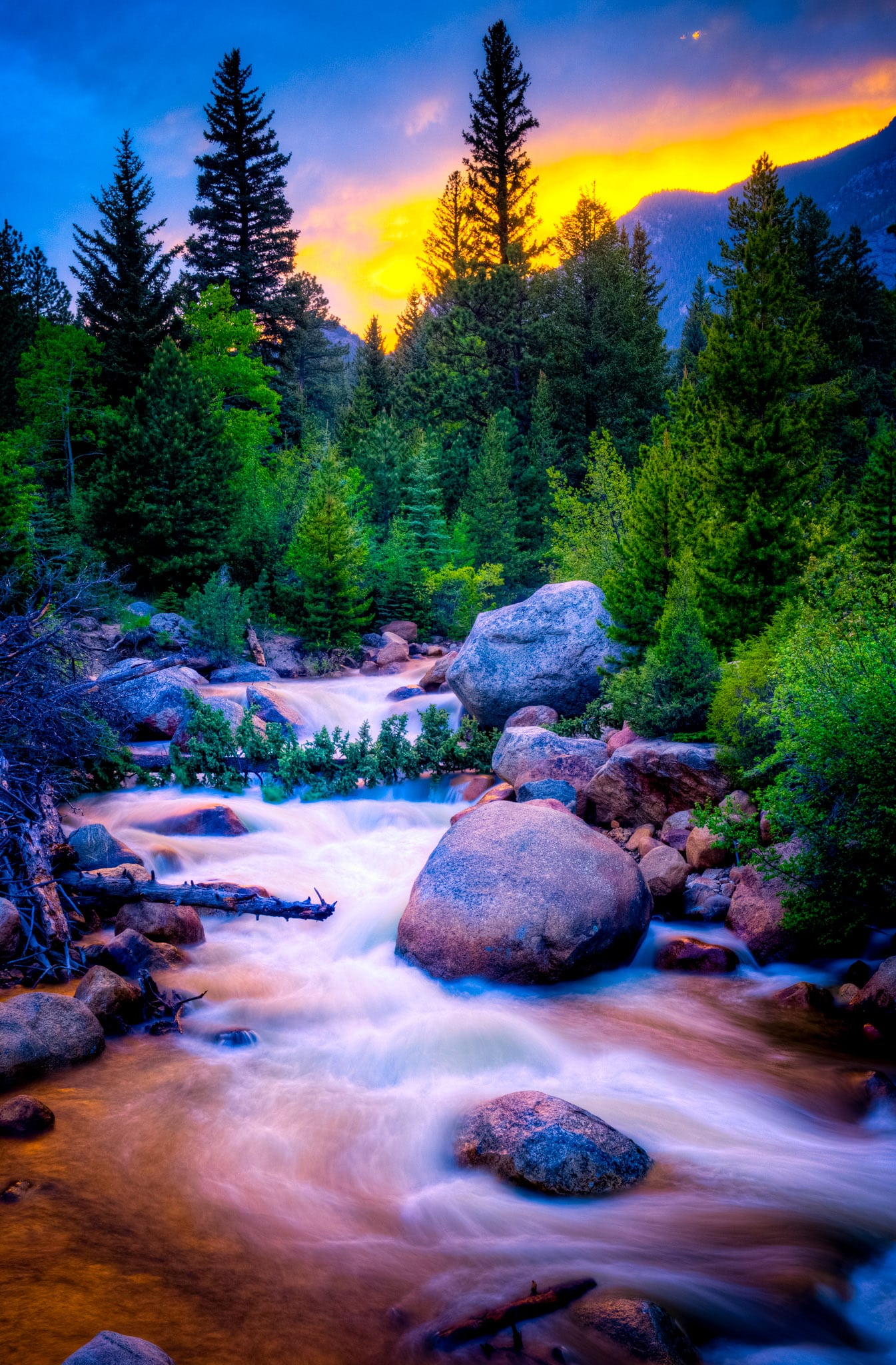 An early summer sunset makes Fall River glow near Aspenglen Campground in Rocky Mountain National Park, Colorado.