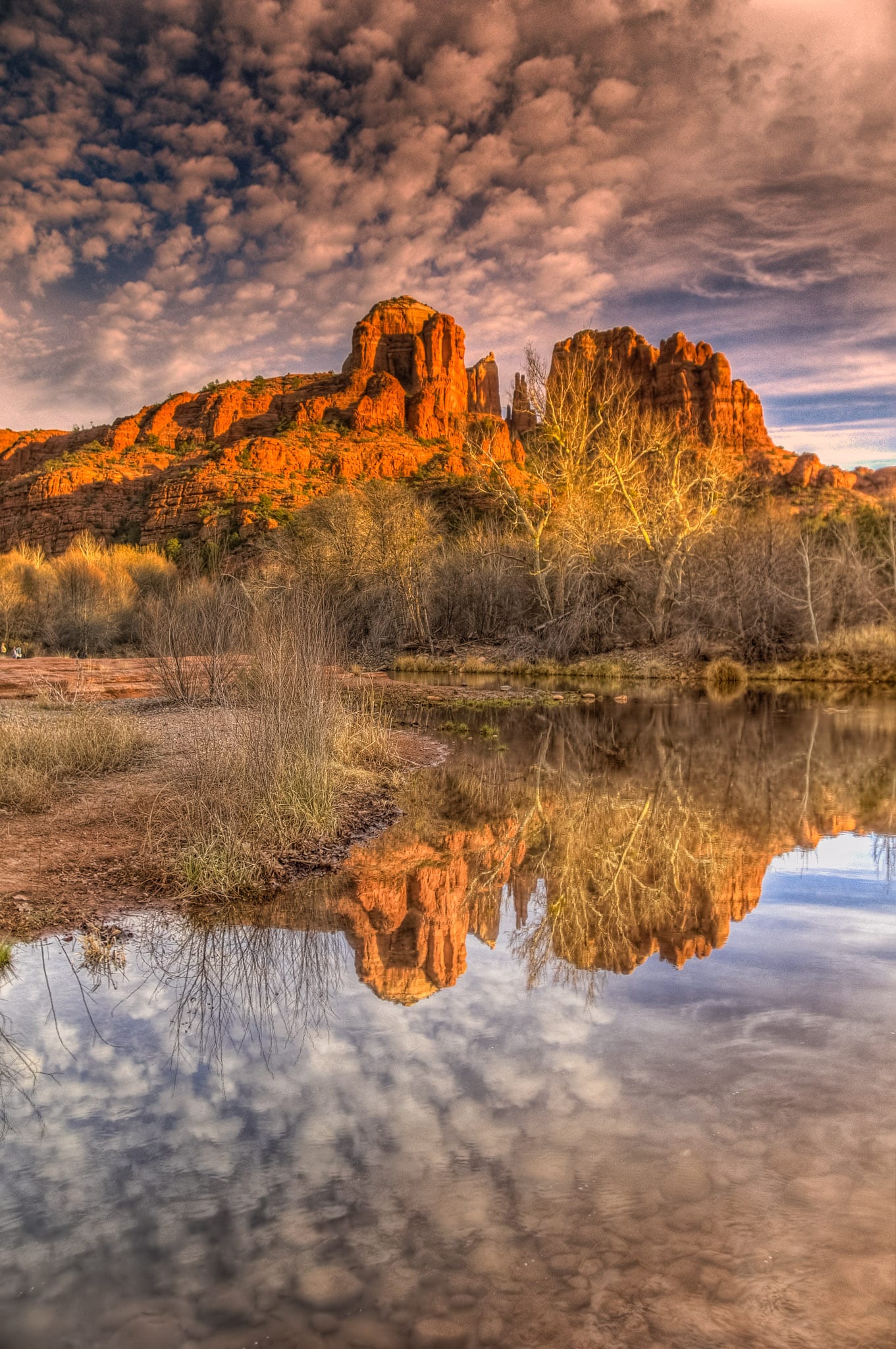 Cathedral Rock reflected in Oak Creek near Red Rock Crossing in Sedona, Arizona.