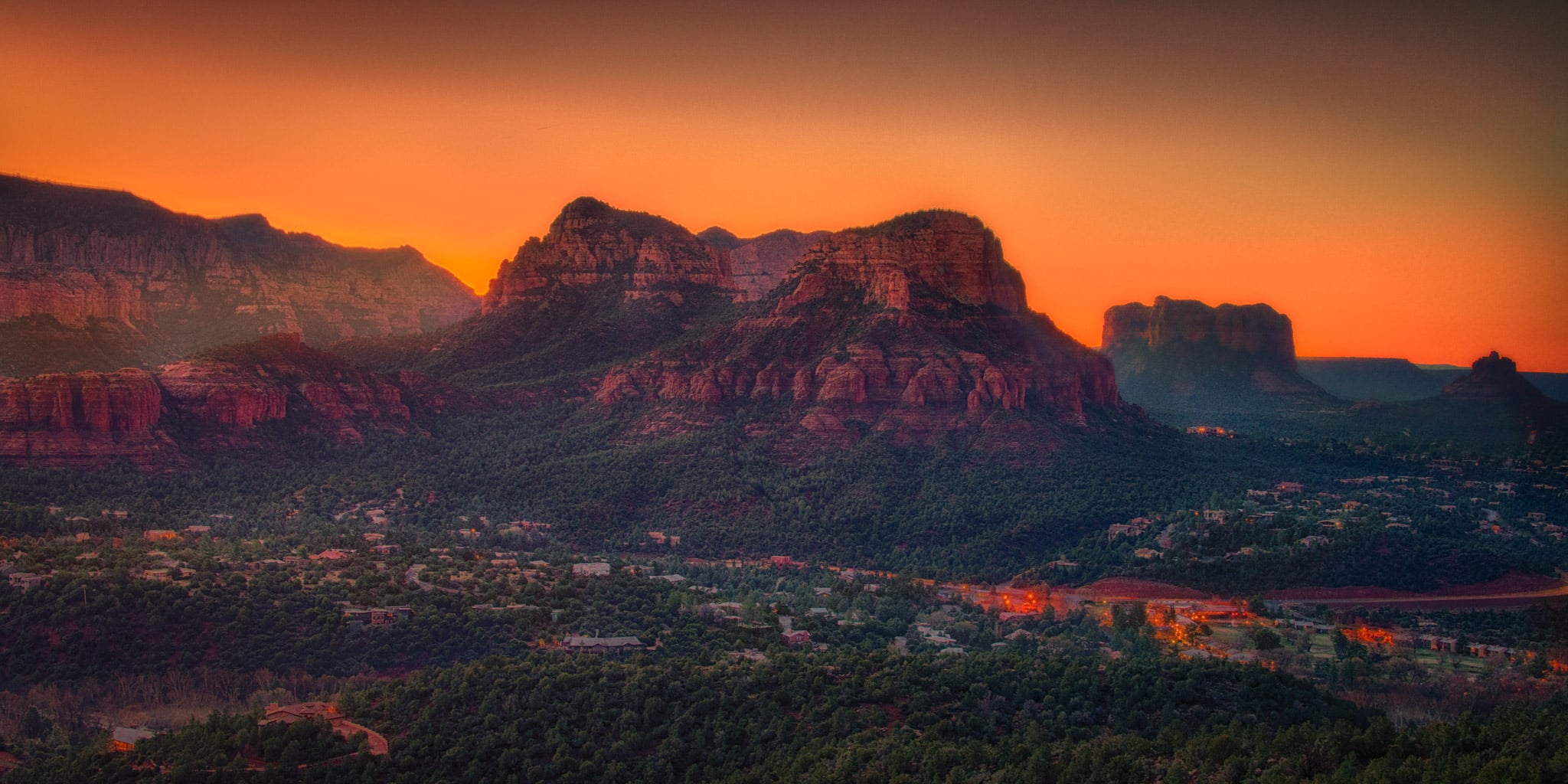 A view of Sedona as seen from the Sedona Arizona Airport at sunset.
