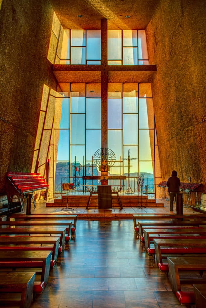 An interior view of the sanctuary of the Chapel of the Holy Cross in Sedona, Arizona.