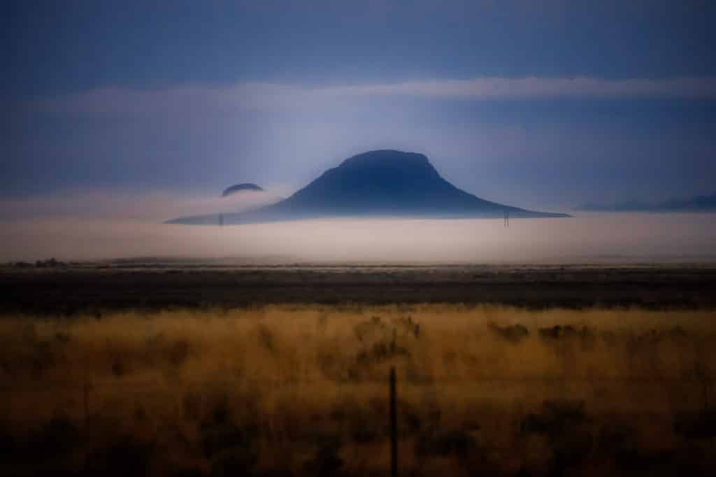 Morning fog shrouds the area around White Sand National Monument near Alamogordo, New Mexico.