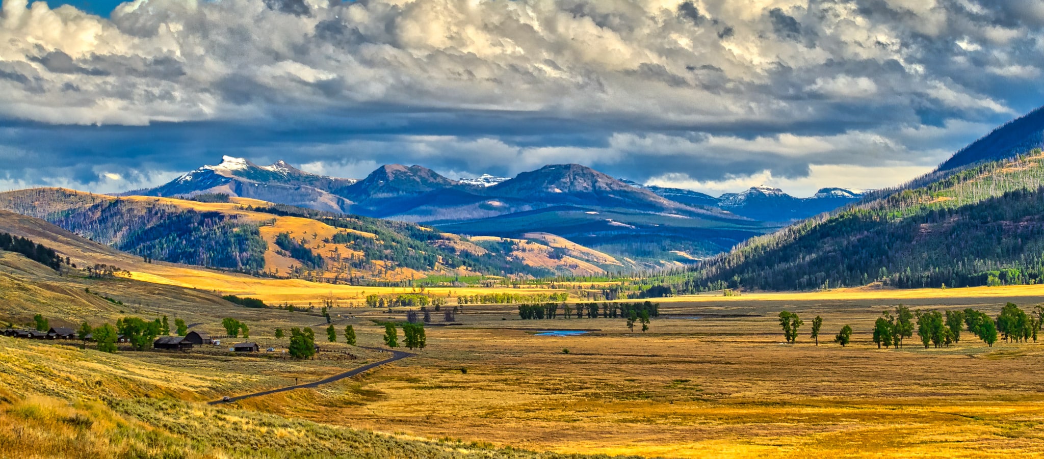 Looking down the Lamar Valley toward the Absaroka mountains. Visible at the lower left is the Yellowstone Associaton Institute facility.