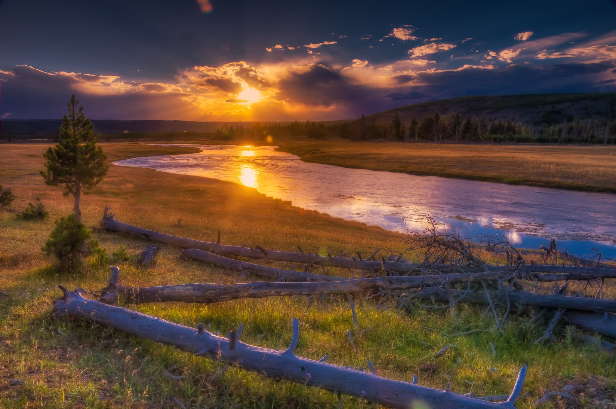 View of the Firehole River at sundown in Yellowstone National Park, Wyoming
