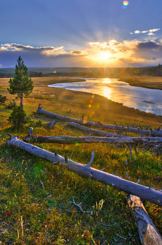 View of the Firehole River at sundown in Yellowstone National Park, Wyoming.