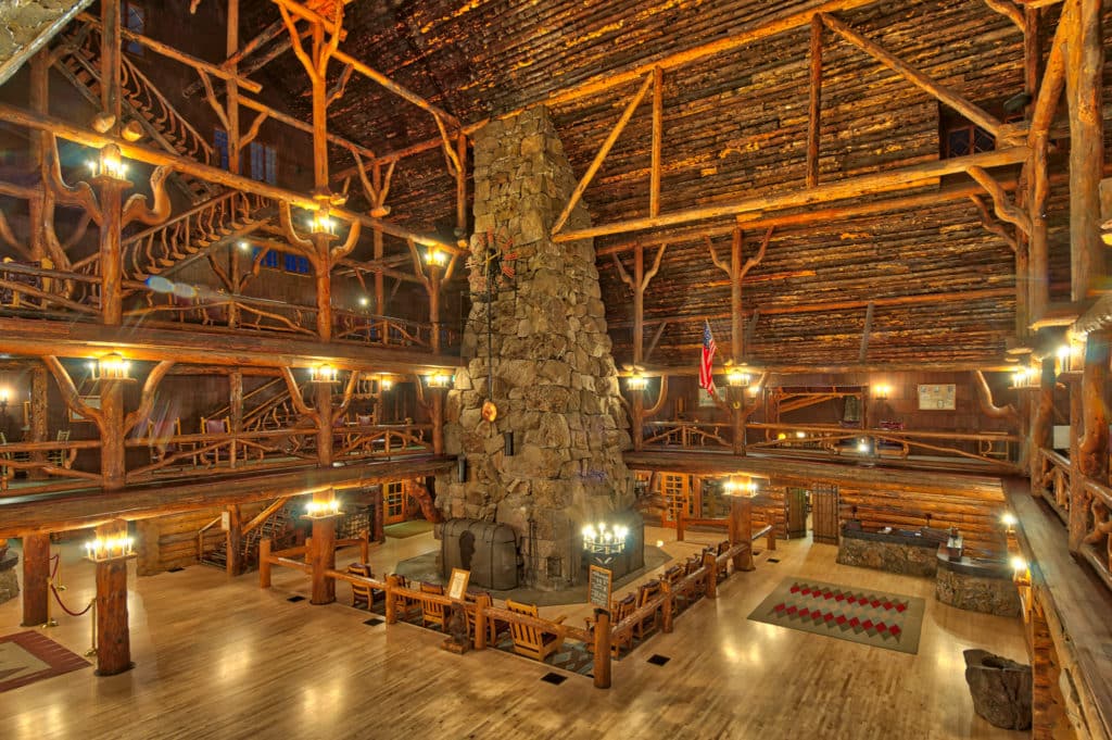 Interior views of Old Faithful Inn at dawn in Yellowstone National Park, Wyoming.