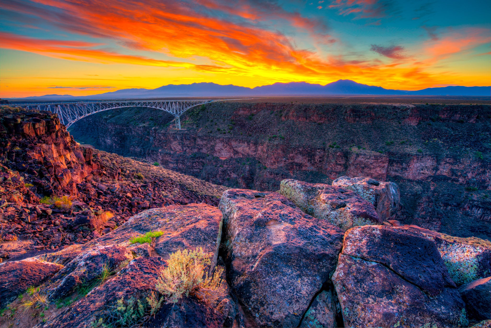 The Rio Grande Gorge at sunset taken from near the Rio Grande Gorge Bridge outside of Taos, New Mexico.