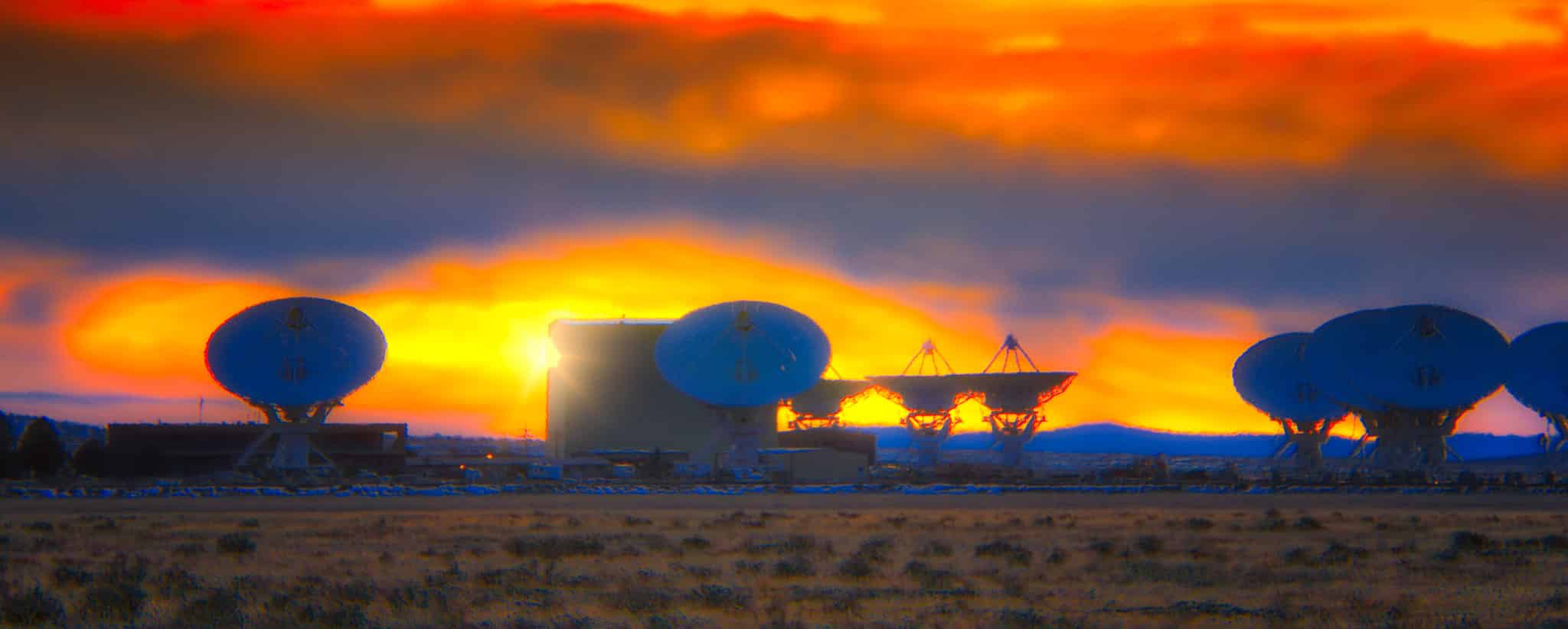 Antennae of the Very Large Array radio observatory, west of Socorro, New Mexico, at sunset.