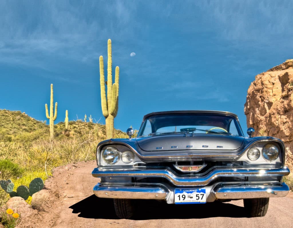 1957 Dodge Custom Royal along the Apache Trail in Arizona, front view.