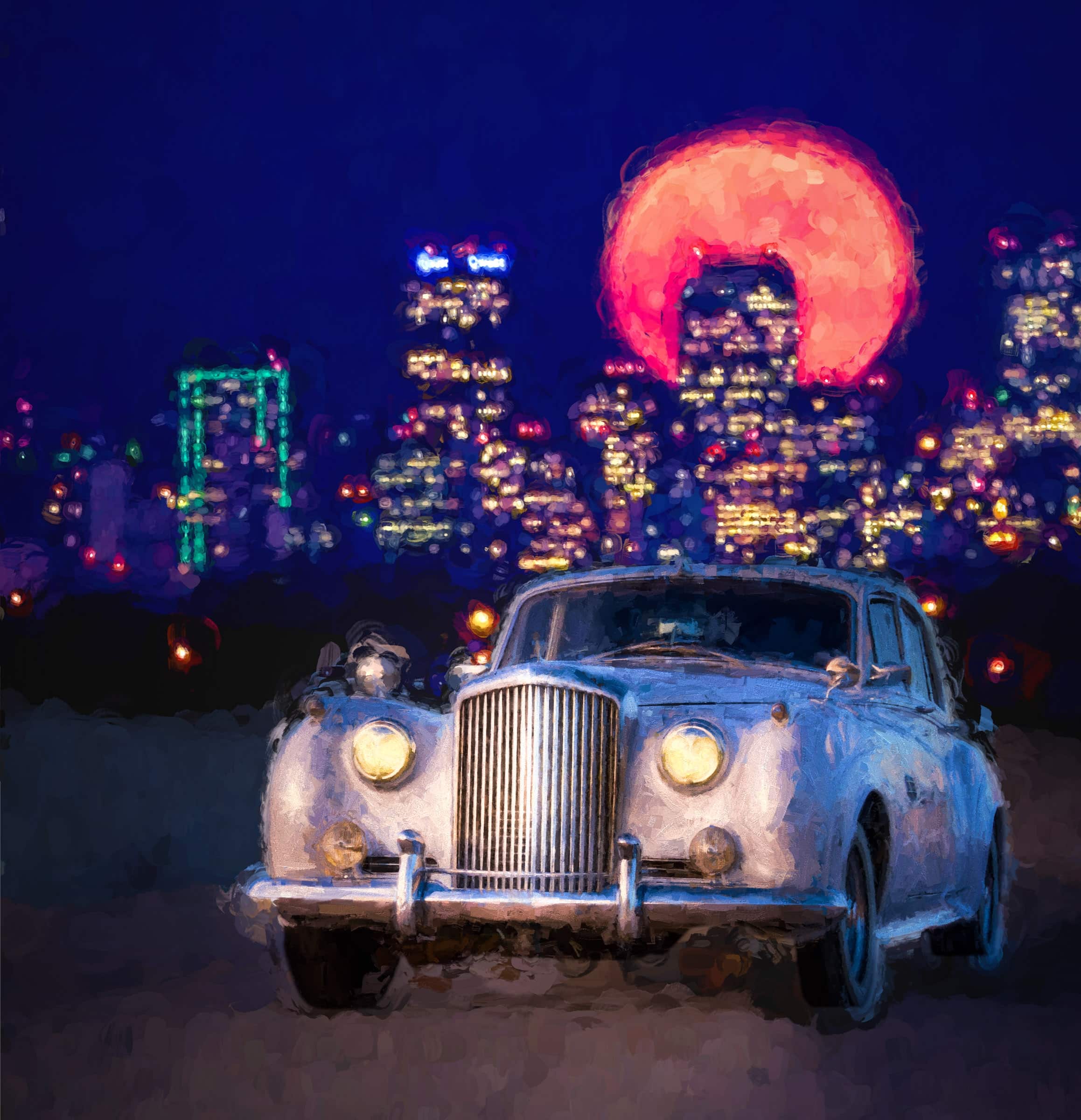 Painting showing a 1959 Bentley S1 front view at night with a moon and cityscape in the distance.