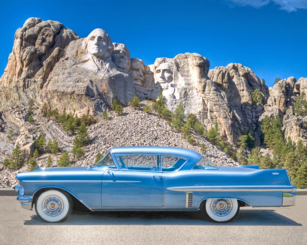 1957 Cadillac Series 62 Coupe at Mount Rushmore.