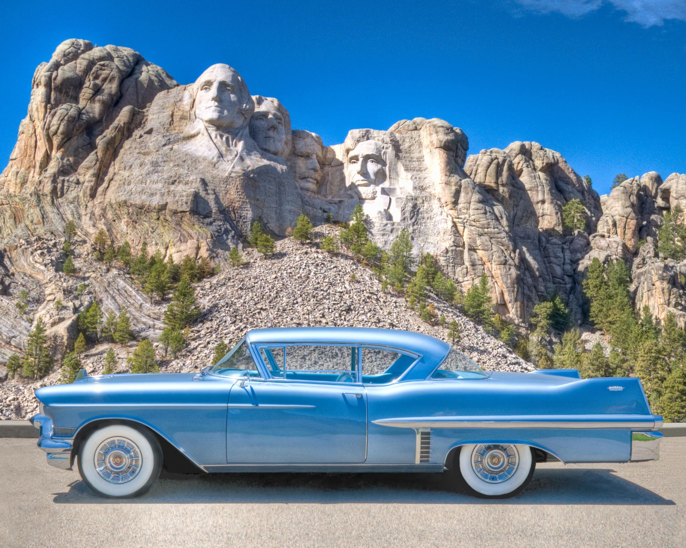 1957 Cadillac Series 62 Coupe at Mount Rushmore.