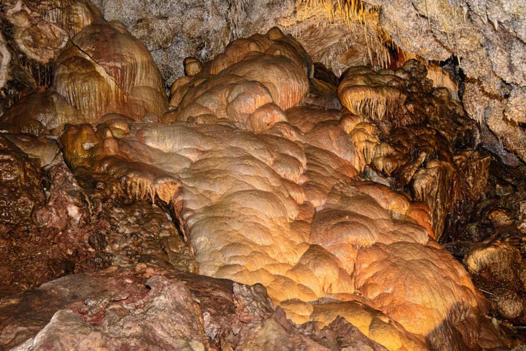 Various dripstone, popcorn, and chalcedony formations in Jewel Cave in Jewel Cave National Monument near Custer, South Dakota.