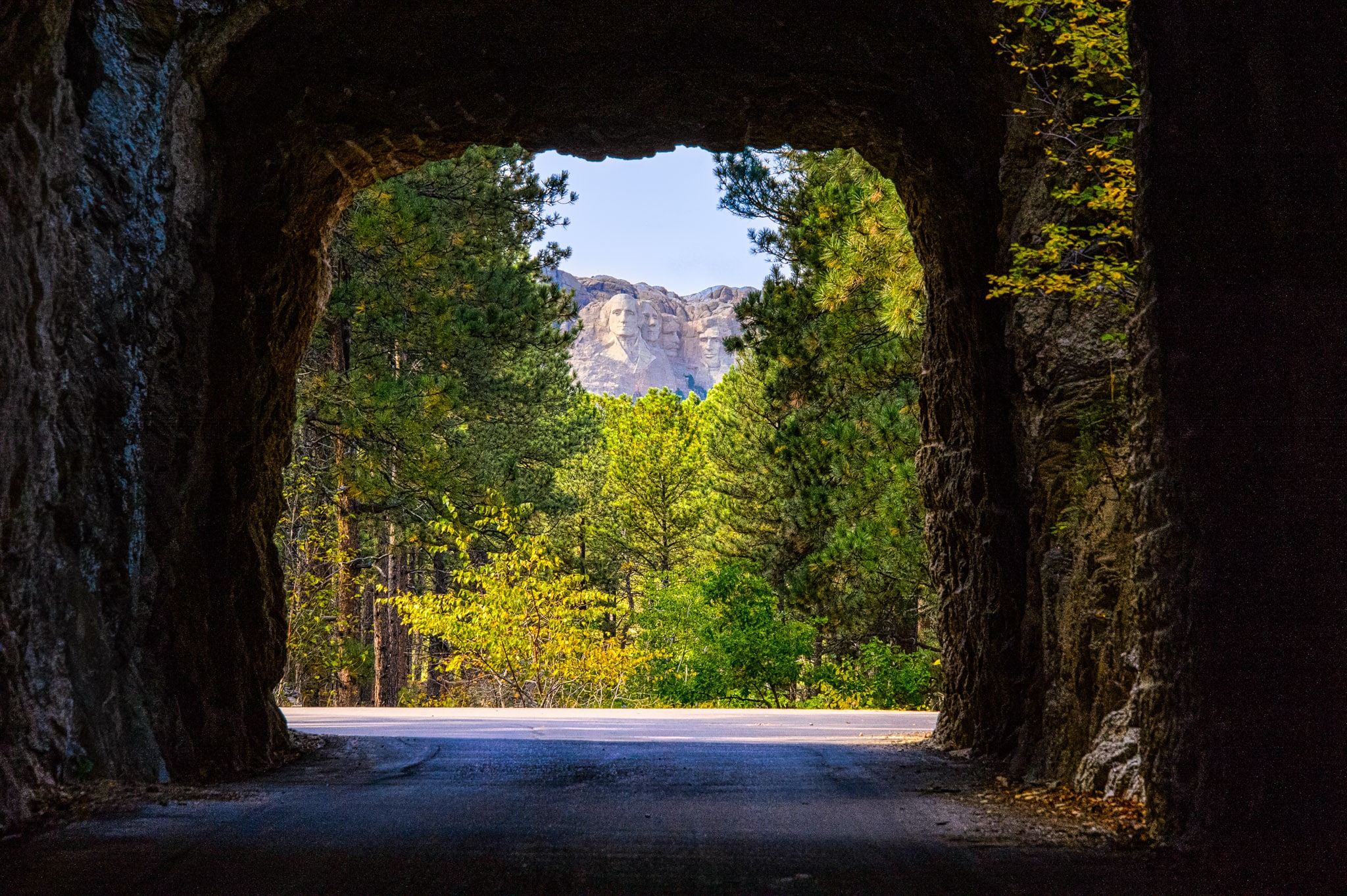 The presidents of Mount Rushmore are nicely framed by one of several tunnels on the Iron Mountain Highway in the Black Hills National Forest of South Dakota.