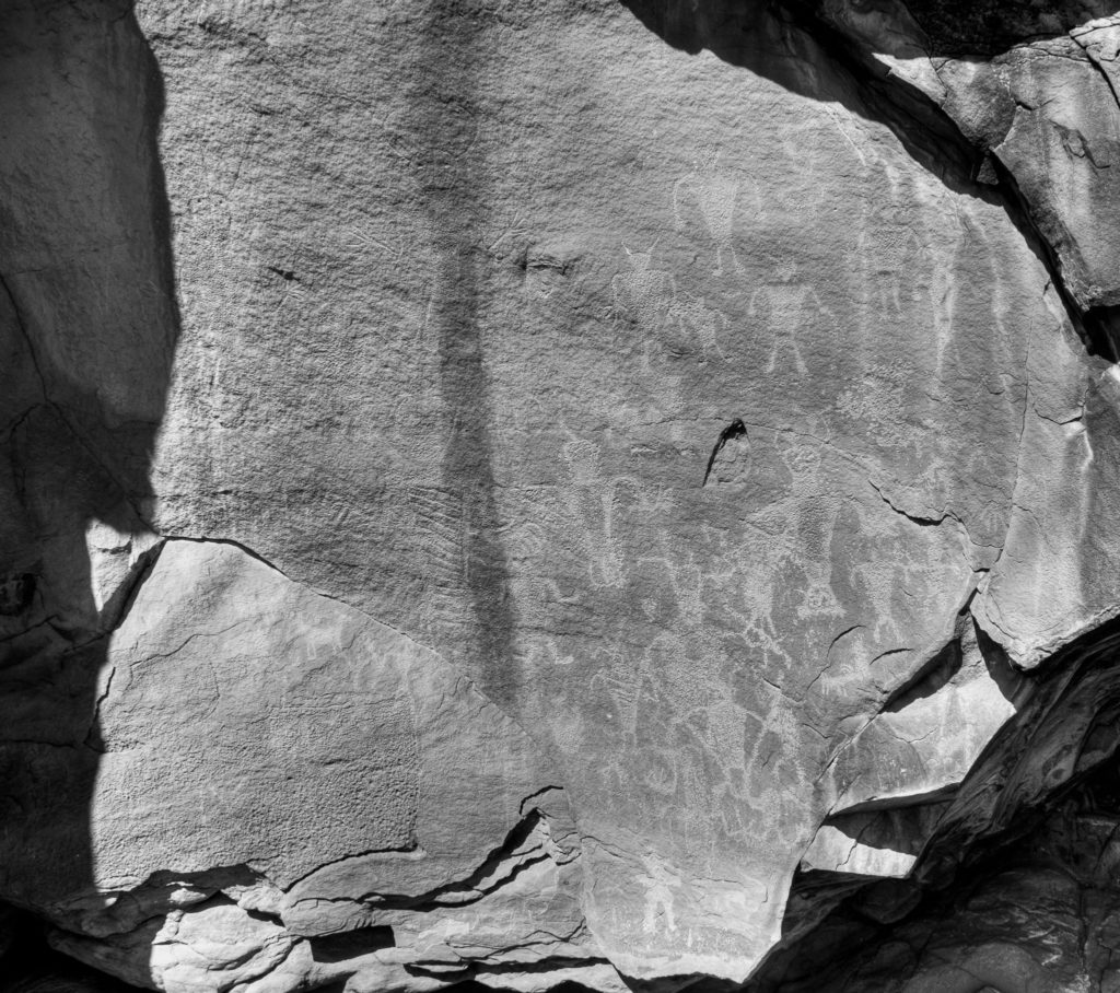 Petroglyphs in "Swelter Shelter" are thought to be from the Fremont Culture. Remnants of a red color can be discerned on the torsos of several of the figures. Swelter Shelter is located along Cub Creek Road in Dinosaur National Monument near Vernal Utah.