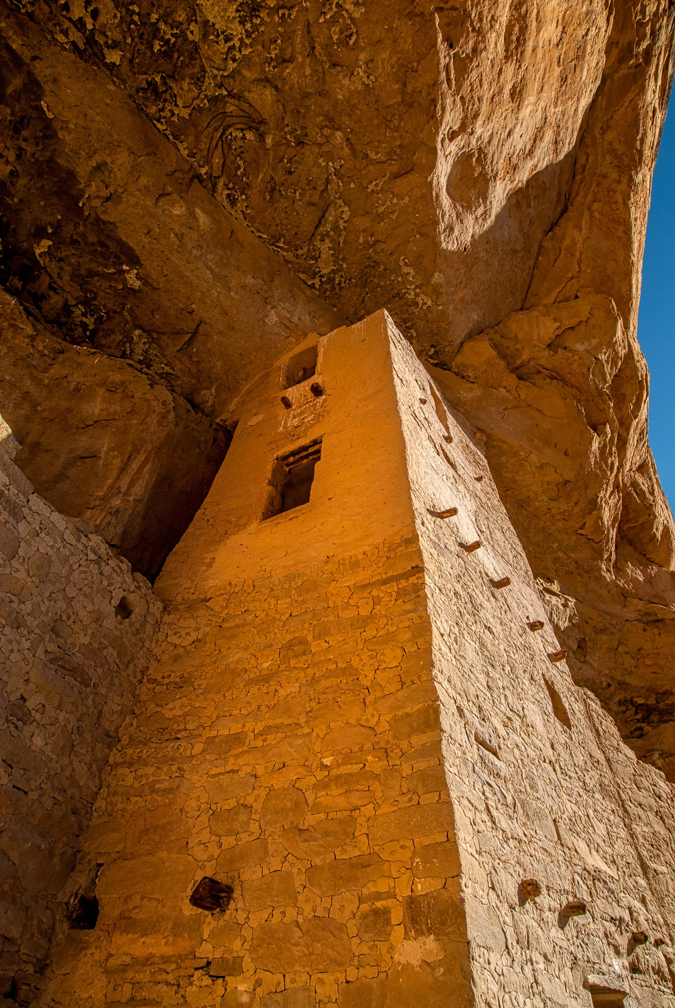Square tower at south end of Cliff Palace ruins in Mesa Verde National Park near Durango and Cortez, Colorado.