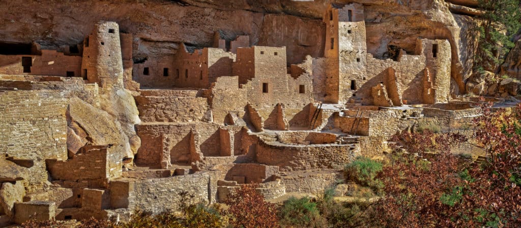 This panoramic view of cliff palace was taken between tour groups. It is the largest cliff dwellingin Mesa Verde National Park near Cortez, Colorado.