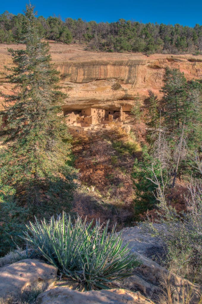 This view of Spruce House was taken from the access trail near the ranger station in Mesa Verde National Park near Durango and Cortex, Colorado.