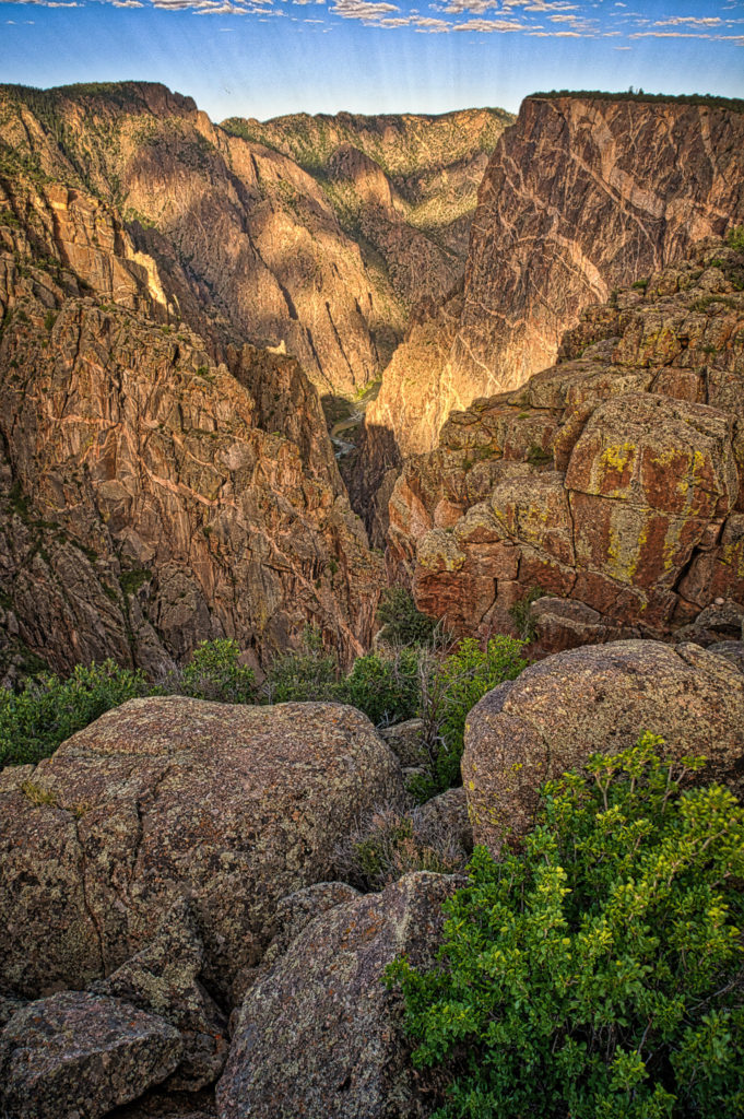 Early morning view of the Painted Wall and the Gunnison River from the south rim of the Black Canyon of the Gunnison National Park near Montrose, Colorado.