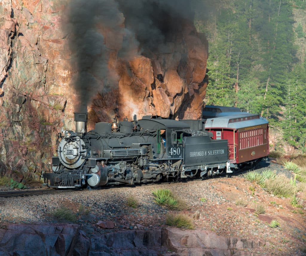 Durango & Silverton Railroad's narrow-gauge steam locomotive 480 comes around the bend pulling a train of historic passenger cars along the highline, parallel to the Animas River between Silverton and Durango, Colorado.
