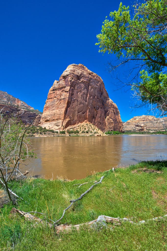 This view of Steamboat Rock was taken just downstream of the confluence of the Yampa and Green Rivers. This famous landmark is carved from Weber Sandstone. It is said that explorer John Wesley Powell climbed the rock--somehwhat of a feat for a one-armed man. It is also said that he got trapped on a ledge and had to be rescued by one of his crew.