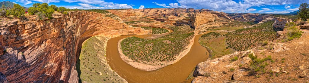 This panorama was taken at the Harding Hole Overlook off the Yampa Bench Road in Dinosaur National Monument. At this point, the Yampa River makes a horse-shoe curve, which in time will be cut off.