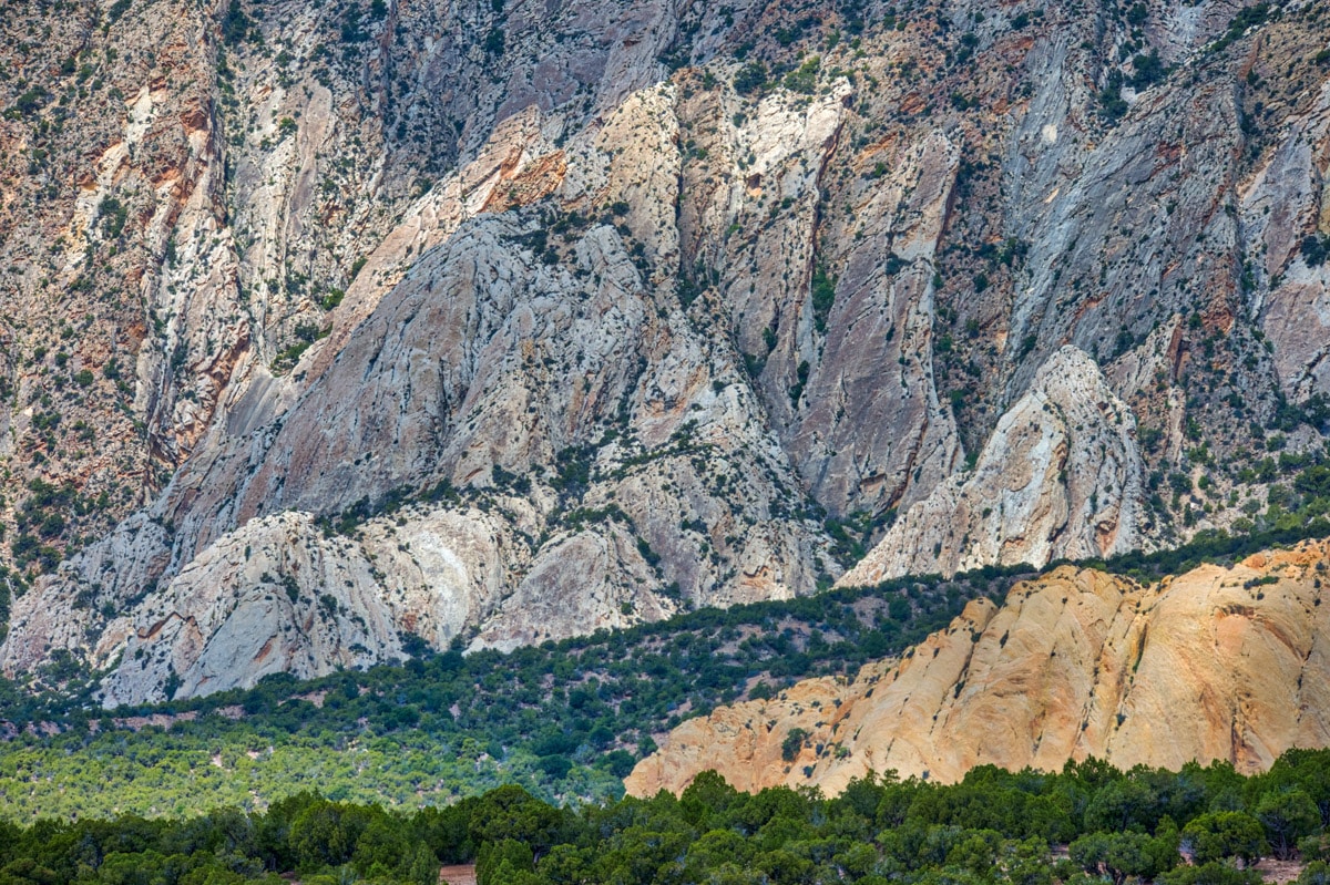 This is a closeup view of the Weber Sandstone hogbacks that front the south side of Blue Mountain, along Blue Mountain Road. In the foreground is a ridge made of Dakota Sandstone.