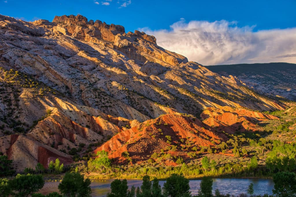 The road to Split Mountain Campground in Dinosaur National Monument provides stunning views of the Split Mountain anticline--especialy at sunset.