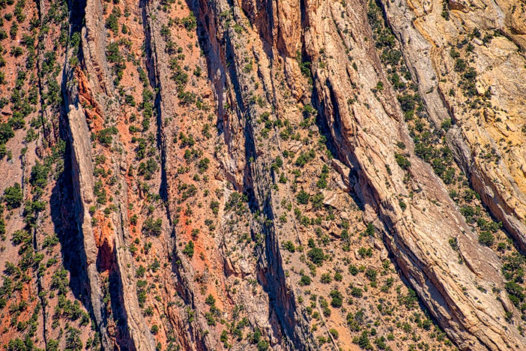 This is a closeup view of part os the Mitten Park fault, showing the interbedded layers of sandstone and limestone in the Morgan Formation. The Fault is upstream of Whirlpool Canyon in Dinosaur National Monument, Colorado.