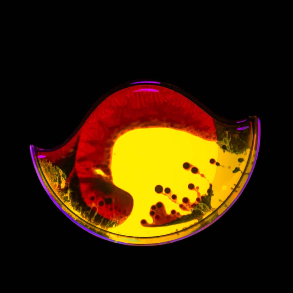 Ferro-magnetic fluid in a petrie dish with fluorescein, acrylic paint, and glycerine.