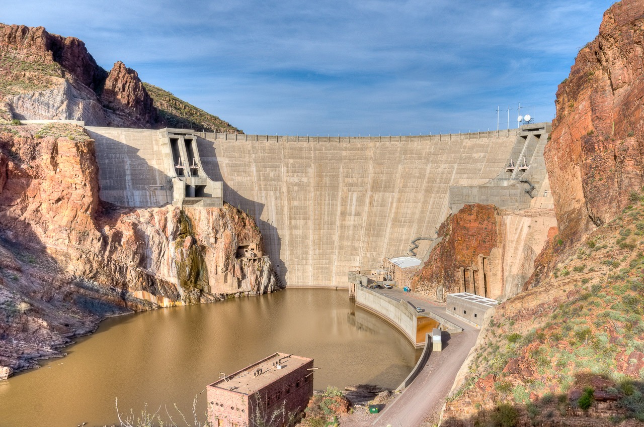 Downstream side of Roosevelt Dam at the end of the Apache Trail, east of Phoenix, Arizona.