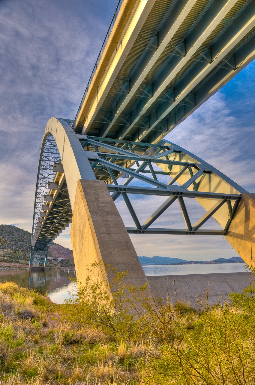 View from below the east end of the bridge carrying Arizona route 188 over the inlet to Theodore Roosevelt Dam, east of Phonenix, Arizona.