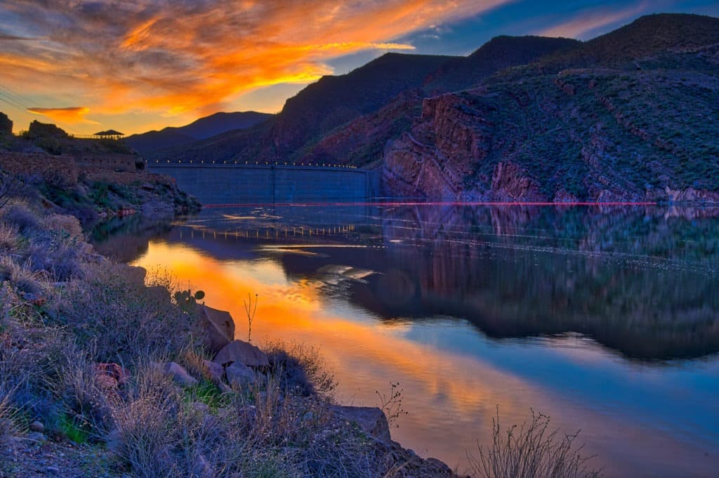 Sunset over Theodore Roosevelt Dam, east of Phoenix, Arizona.
