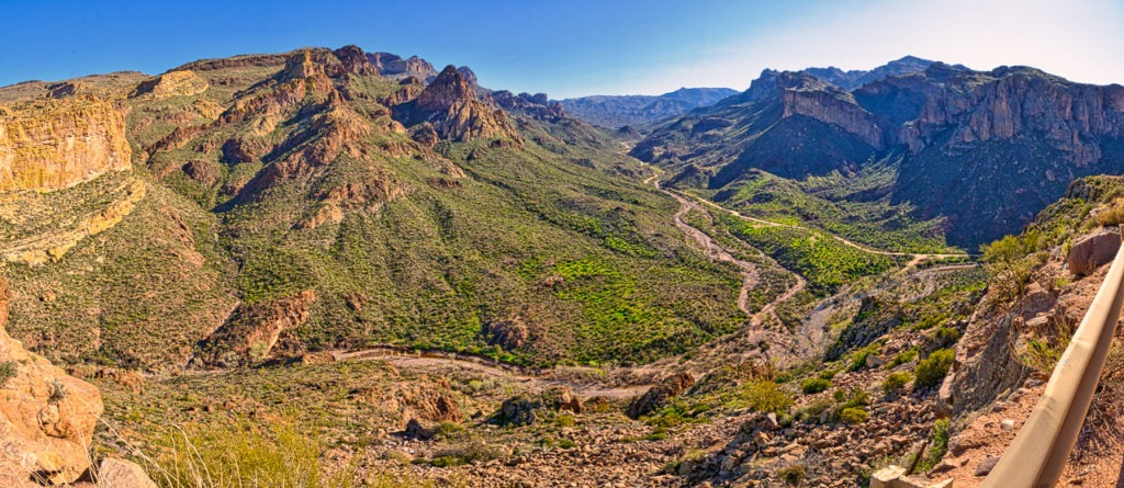 Panoramic view of the view from the top of Fish Creek Hill along the Apache Trail, east of Phoenix, Arizona.