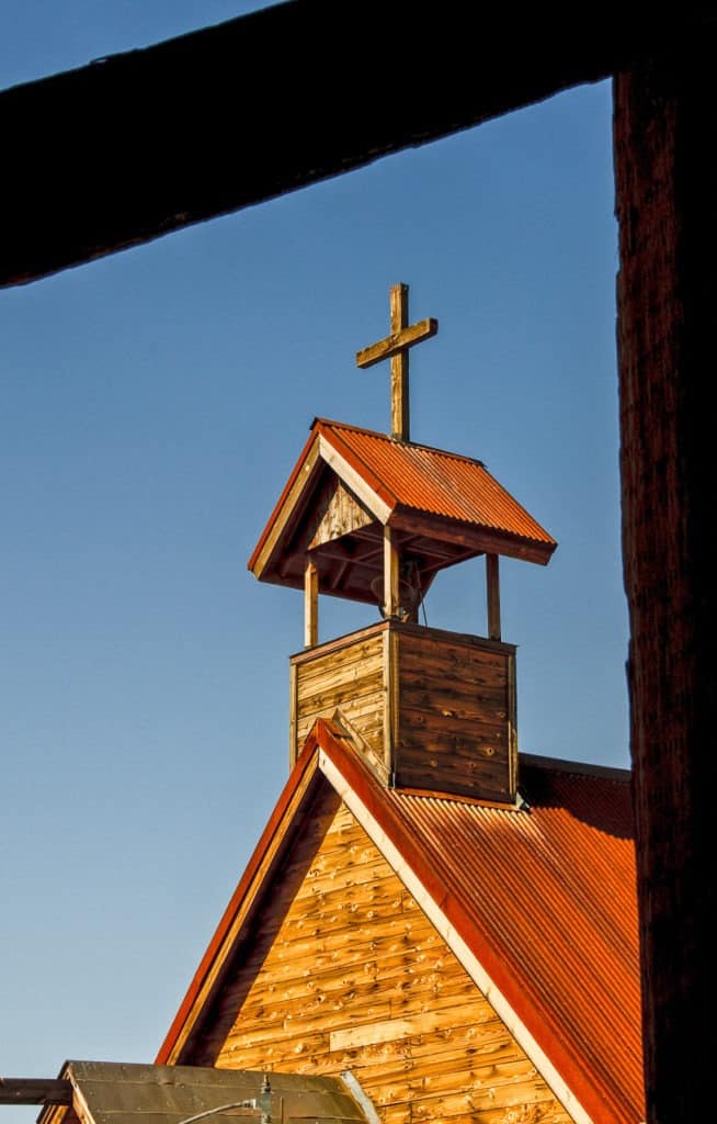 The steeple of the Church on the Mount in Goldfield Ghost Town, near Apache Junction, Arizona.