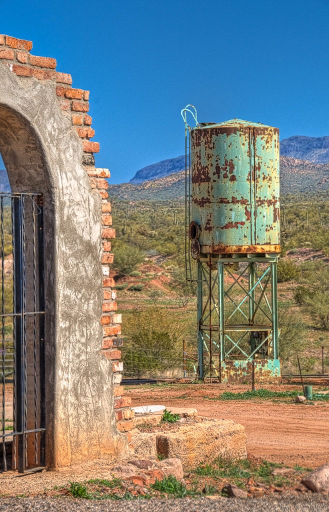 Water tower and gate at Goldfield Ghost town, near Apache Junction, Arizona.