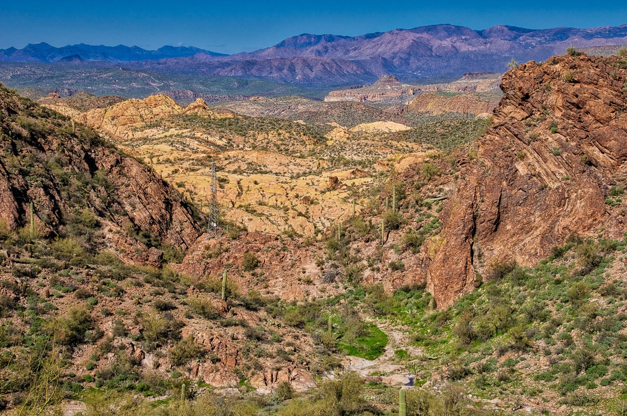 Looking back along the Apache Trail from Apache Gap, near Apache Junction, Arizona.